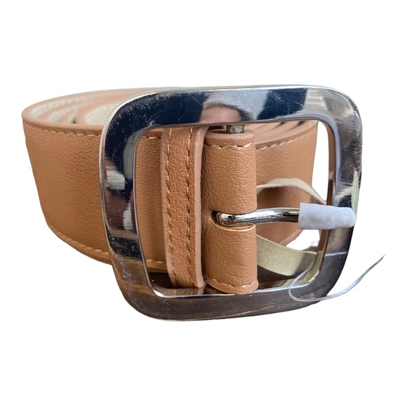 Linea Pelle Brown Faux Leather Square‎ silver Buckle Belt - Picture 2 of 6
